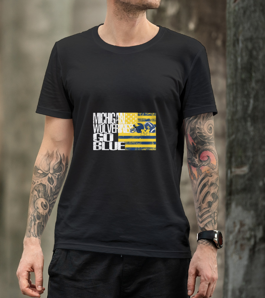 Michigan Wolverines Go Blue Football Helmet And Flag T-Shirt