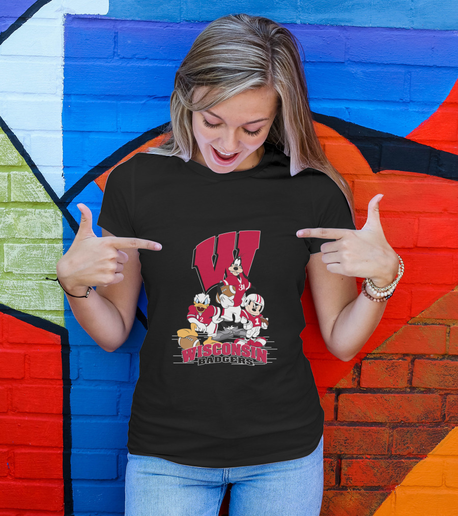 Wisconsin Badgers Donald Duck Goofy Mickey Mouse Football T-Shirt