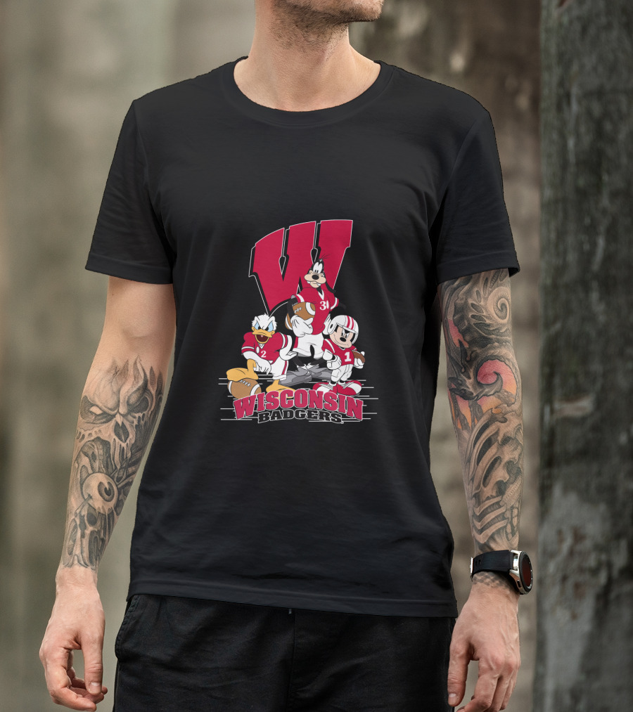 Wisconsin Badgers Donald Duck Goofy Mickey Mouse Football T-Shirt