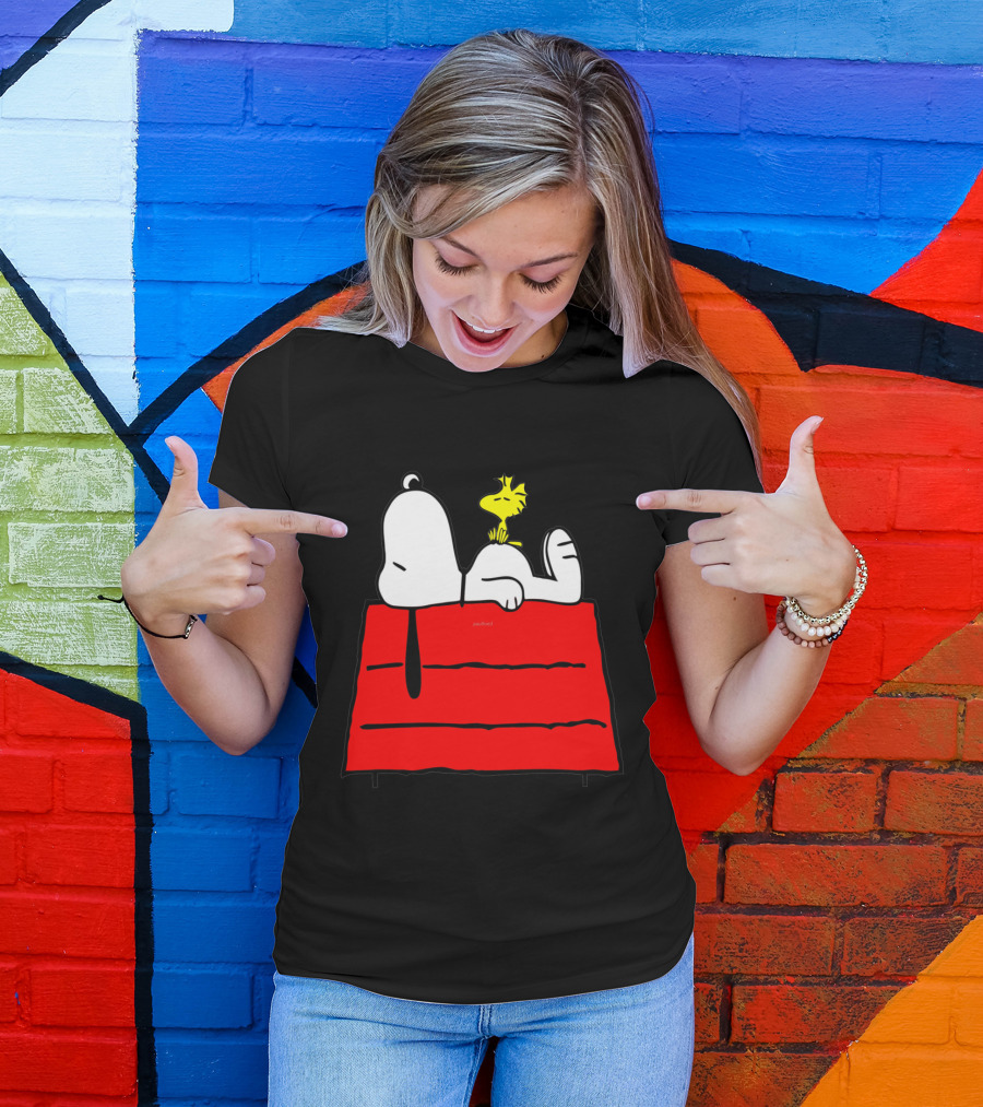 Snoopy Sleeping On Red Doghouse With Woodstock T-Shirt
