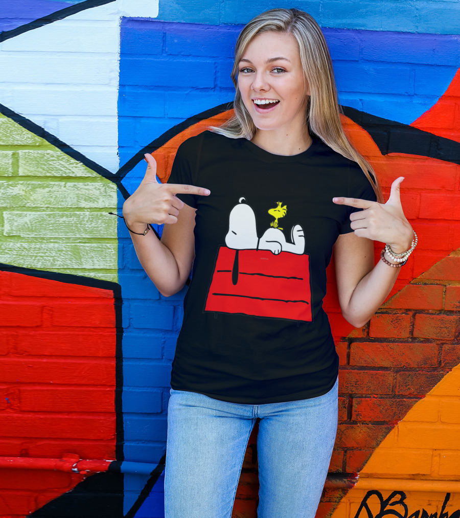 Snoopy Sleeping On Red Doghouse With Woodstock T-Shirt