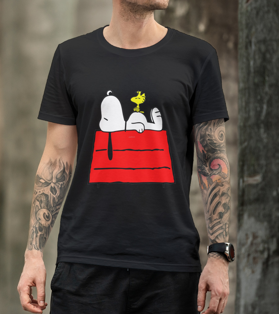Snoopy Sleeping On Red Doghouse With Woodstock T-Shirt