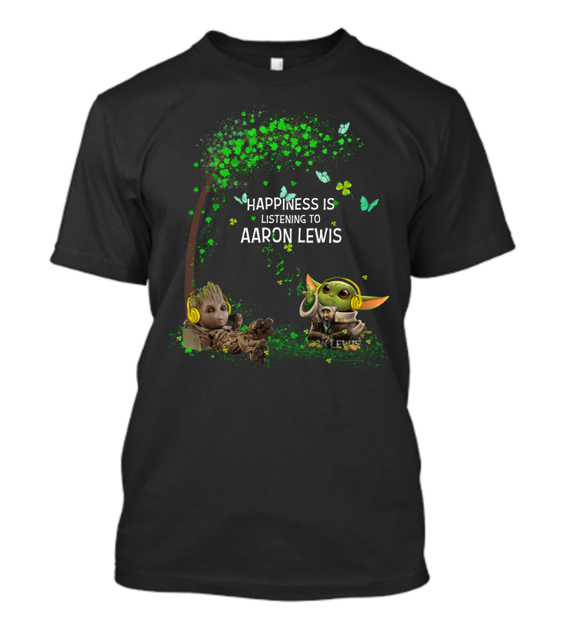 Happiness Is Listening To Aaron Lewis With Groot And Baby Yoda In Headphones T-Shirt