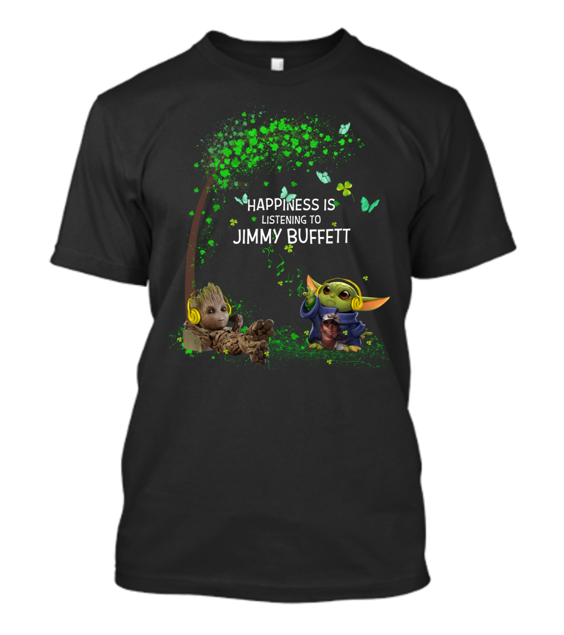 Happiness Is Listening To Jimmy Buffett With Adorable Fantasy Characters And Green Nature Elements T-Shirt