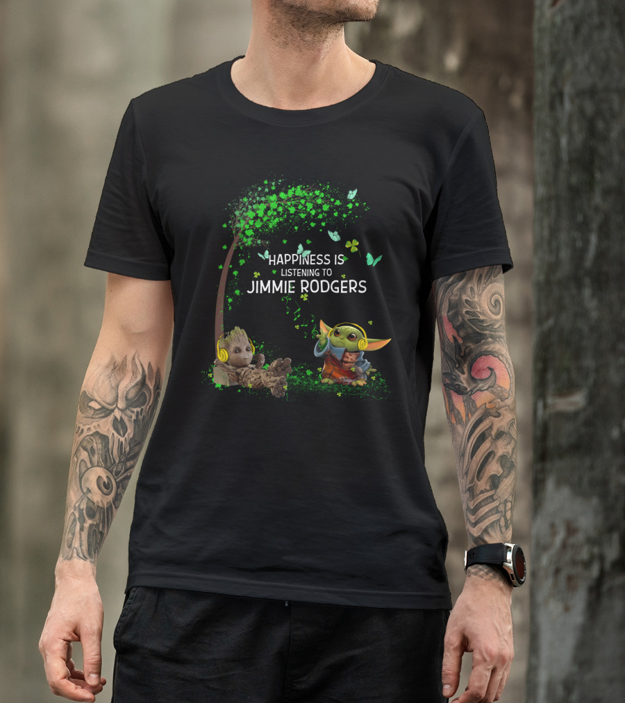 Happiness Is Listening To Jimmie Rodgers Baby Alien And Tree Creature With Headphones T-Shirt