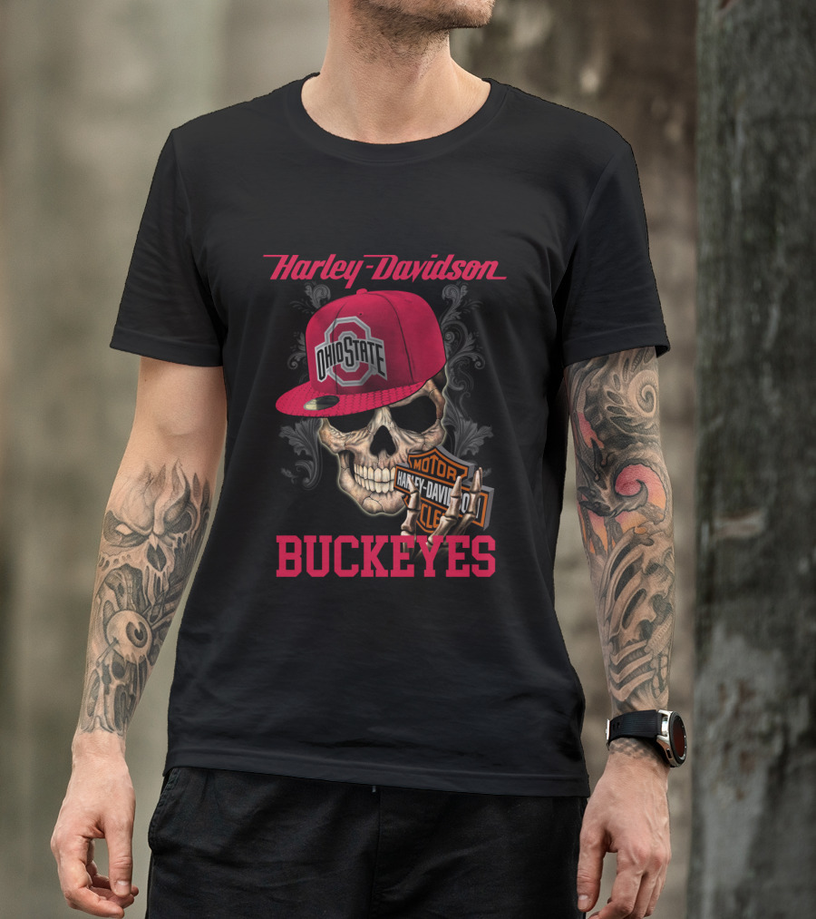 Harley Davidson Skull With Ohio State Buckeyes Cap And Motorcycle Elements T-Shirt