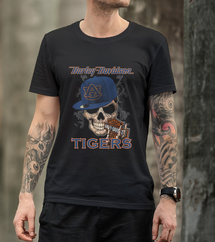 Harley Davidson Auburn Tigers Skull With Cap T-Shirt