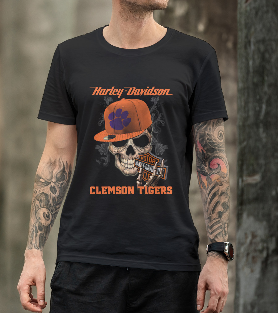 Harley Davidson Skull With Clemson Tigers Paw T-Shirt