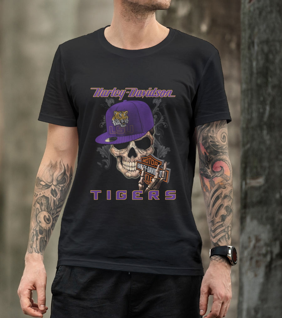 Harley Davidson Lsu Tigers Skull Hat T-Shirt