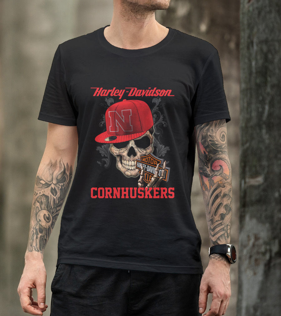 Harley Davidson Nebraska Cornhuskers Skull With Red N Cap T-Shirt