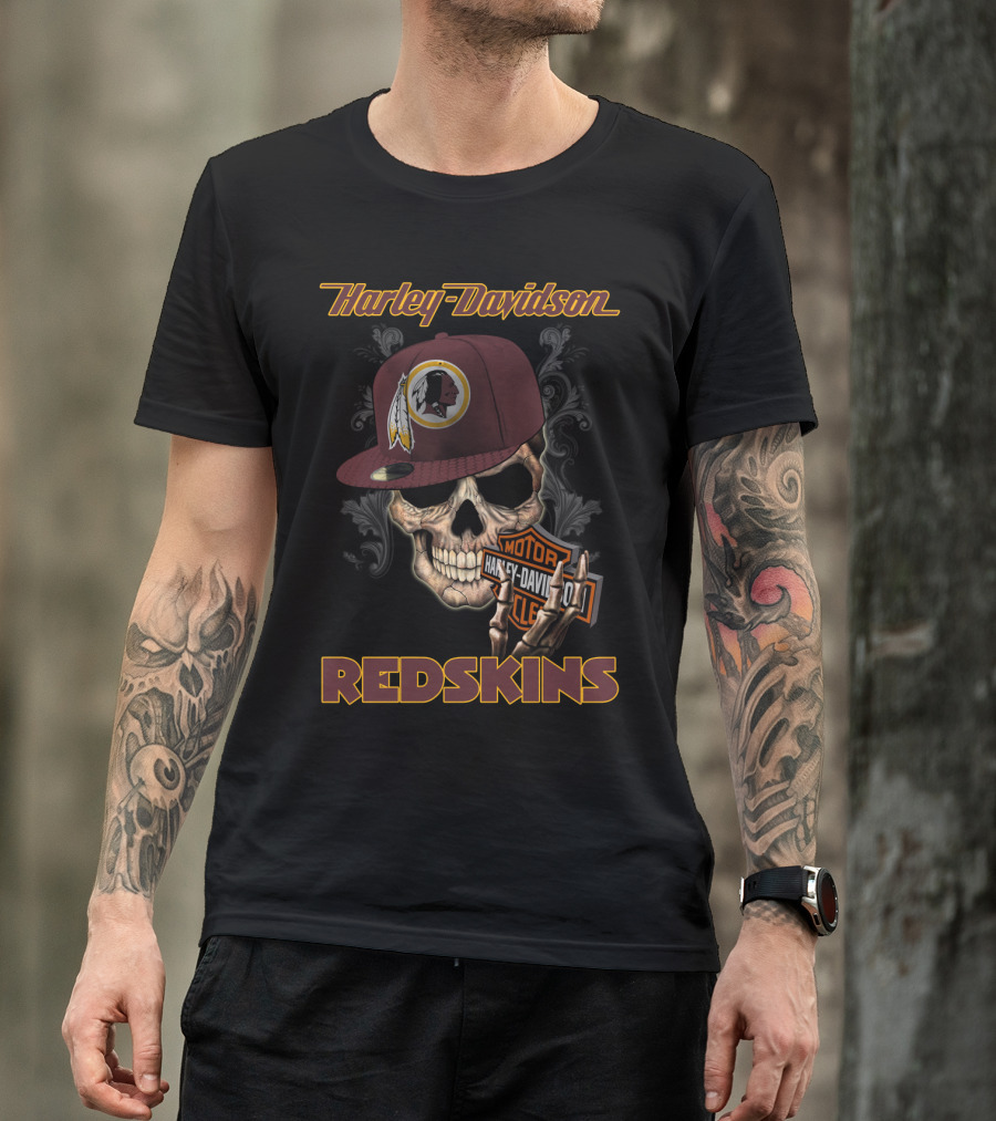Harley Davidson Redskins Skull With Washington Redskins Cap T-Shirt