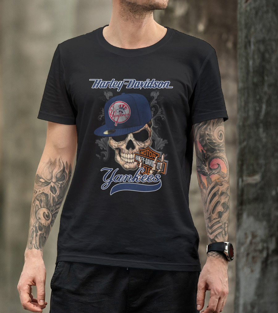 Harley Davidson Yankees Skull With New York Yankees Cap T-Shirt