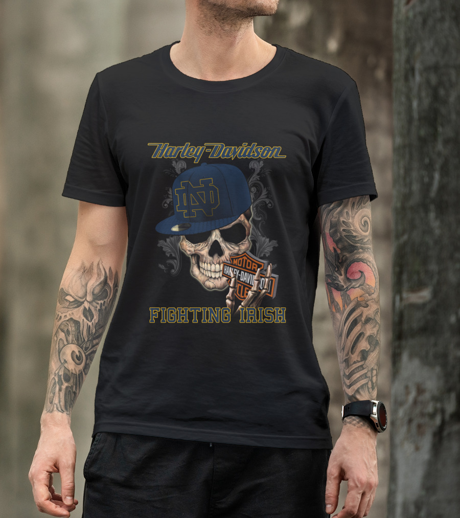Harley Davidson Skull With Notre Dame Fighting Irish Cap T-Shirt