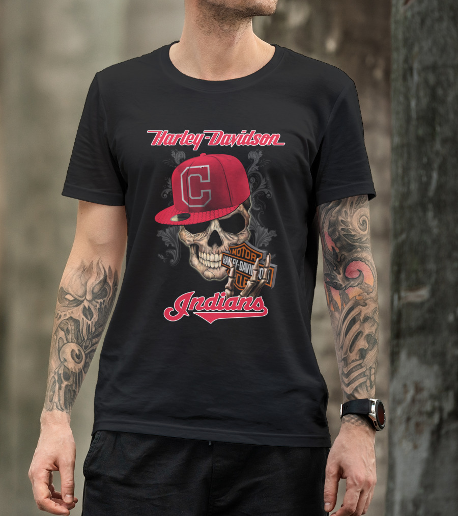 Harley Davidson Skull With Cleveland Indians Cap T-Shirt