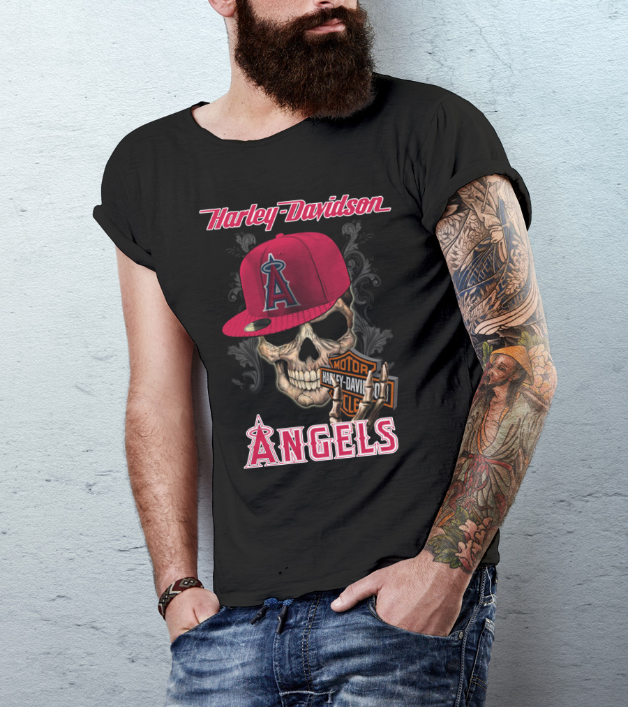 Harley Davidson Los Angeles Angels Skull With Cap T-Shirt