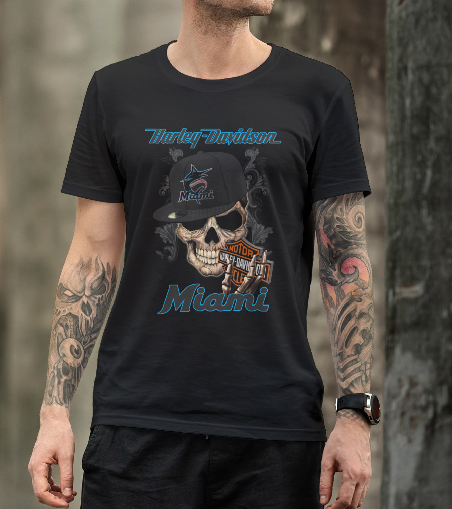 Harley Davidson Miami Skull With Miami Marlins Cap T-Shirt