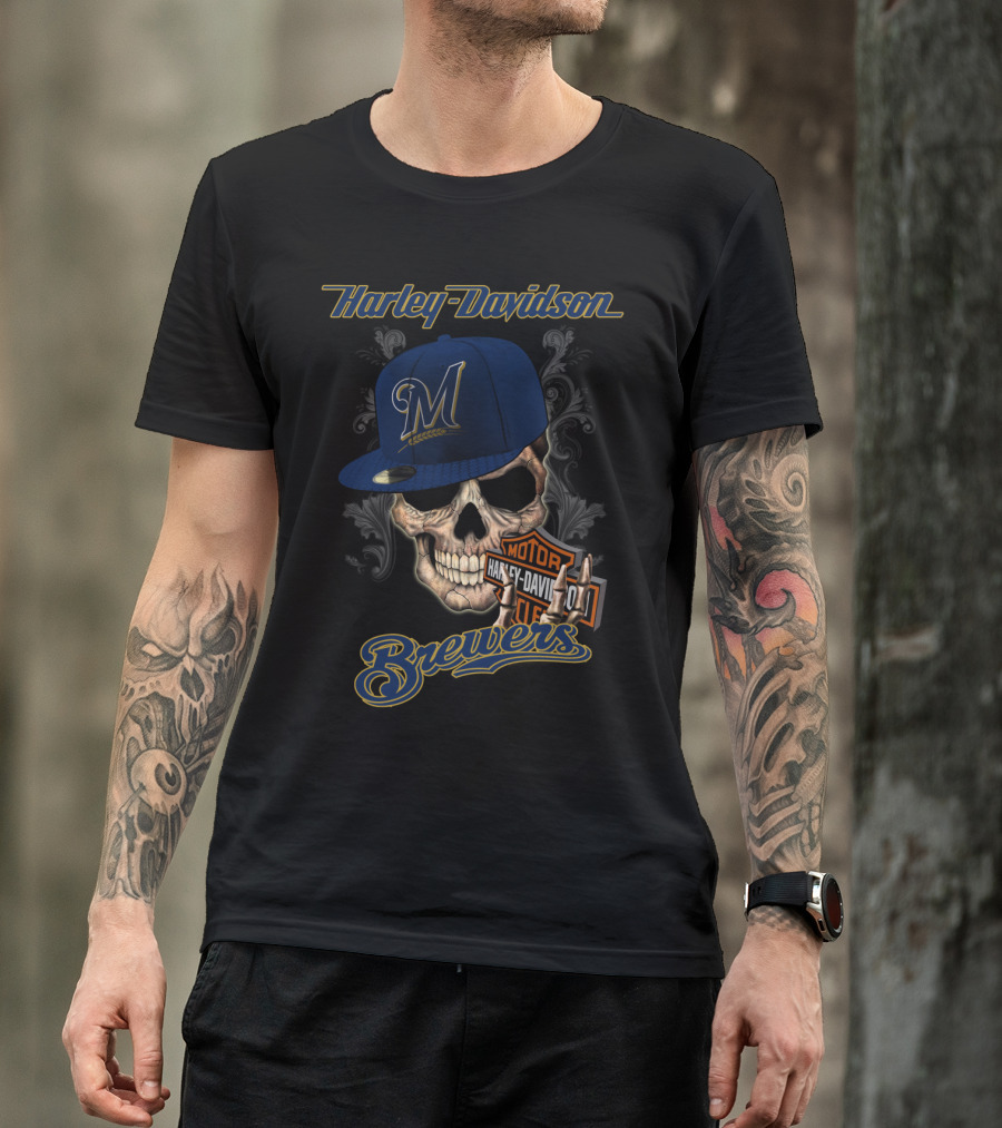 Harley Davidson Milwaukee Brewers Skull With Hat T-Shirt