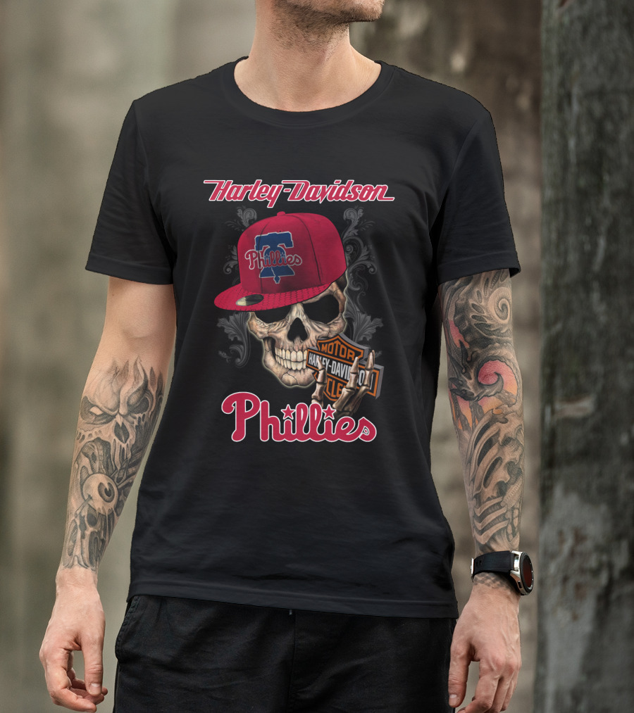 Harley Davidson Skull With Philadelphia Phillies Cap T-Shirt