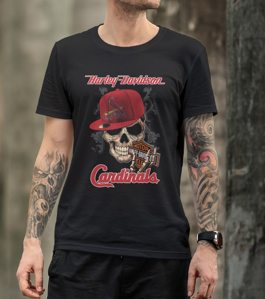 Harley Davidson Skull With St Louis Cardinals Hat T-Shirt