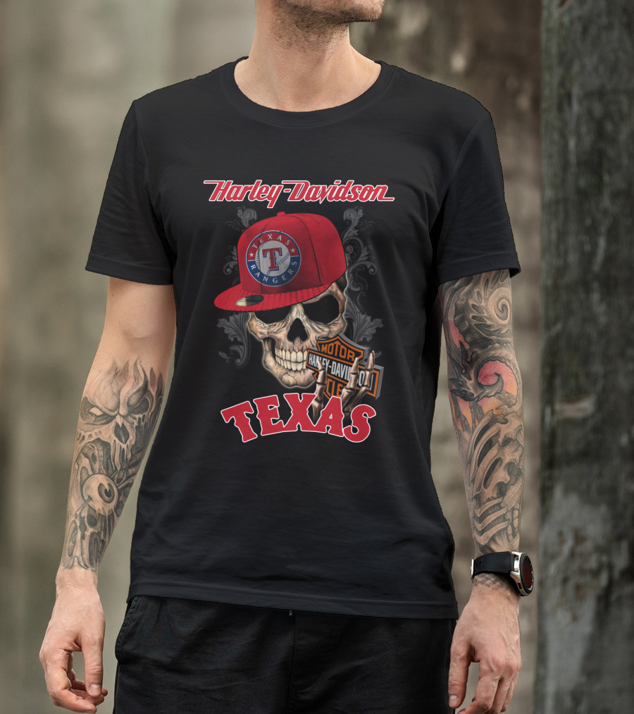Harley Davidson Texas Skull With Texas Rangers Cap T-Shirt