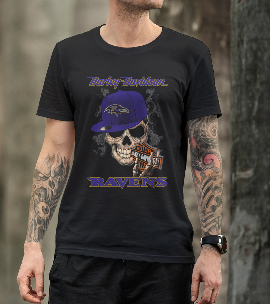 Harley Davidson Motor Skull Baltimore Ravens Hat T-Shirt