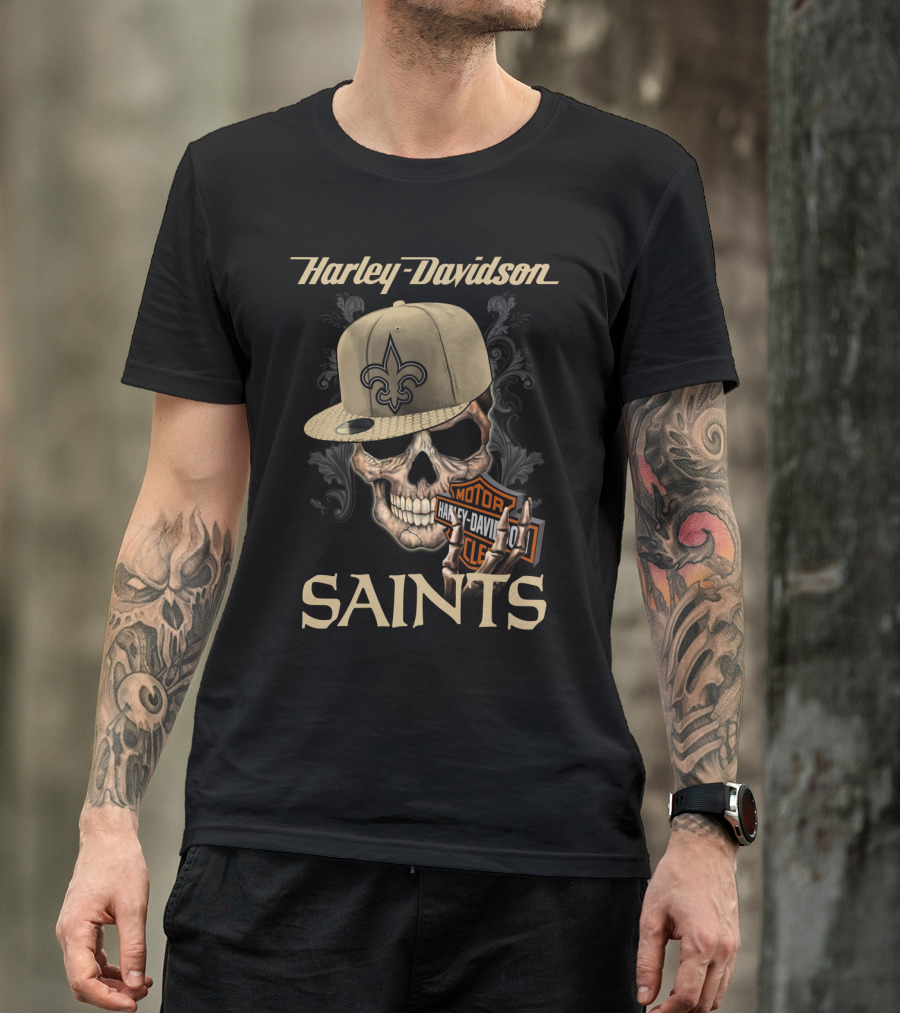 Harley Davidson Saints Skull New Orleans Fleur-De-Lis Moto T-Shirt