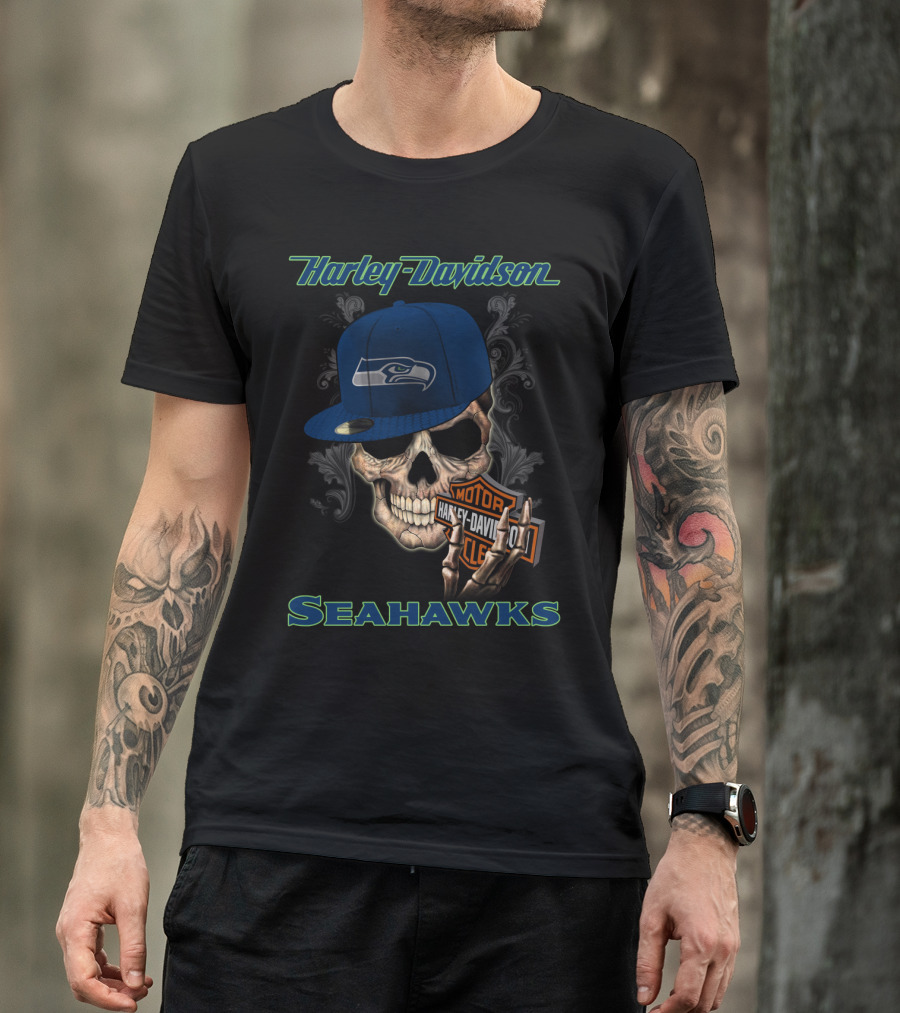 Harley Davidson Seattle Seahawks Skull With Seahawks Cap T-Shirt