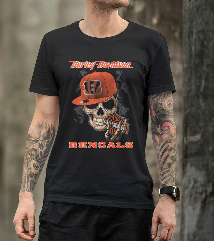 Harley Davidson Skull Bengals Cincinnati Motorcycles T-Shirt