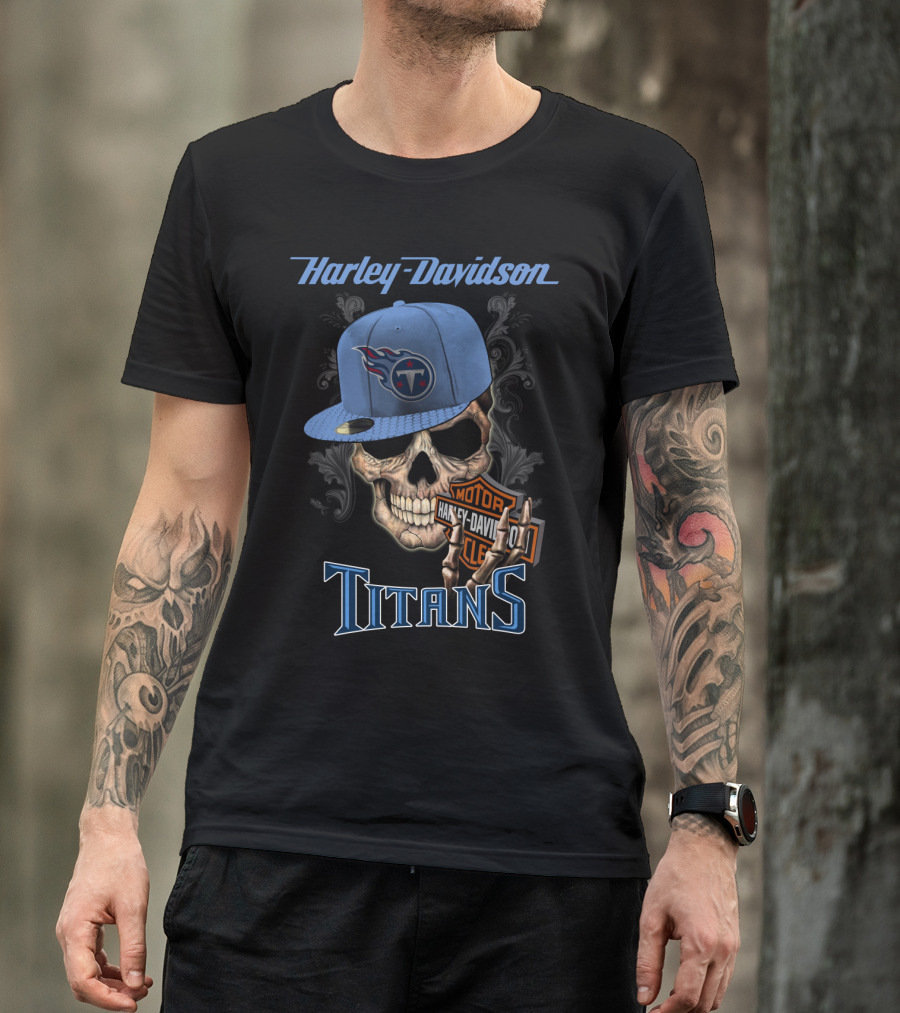 Harley Davidson Skull With Tennessee Titans Cap T-Shirt