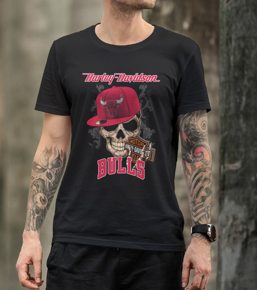 Harley Davidson Skull Chicago Bulls Cap With Motorcycle T-Shirt