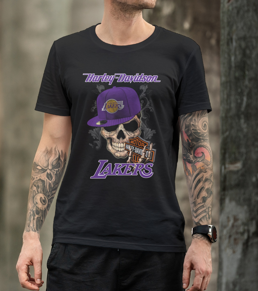 Harley Davidson Los Angeles Lakers Skull עם כובע Nba1 T-Shirt