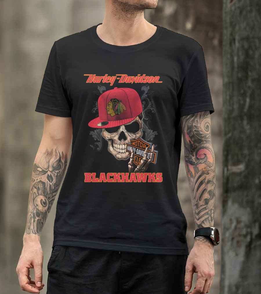 Harley Davidson Skull With Chicago Blackhawks Cap And Motor Cycle T-Shirt
