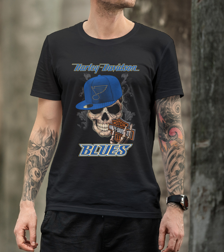 Harley Davidson St Louis Blues Skull Hat Nhl T-Shirt