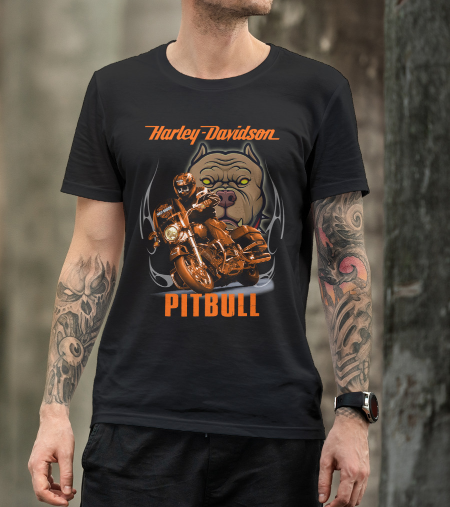 Harley Davidson Pitbull Motorcycle Rider With Dog T-Shirt