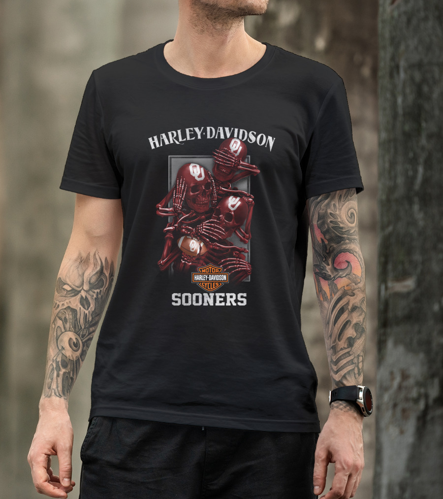 Harley Davidson Ncaa Oklahoma Sooners Motorcycles Football Skulls T-Shirt