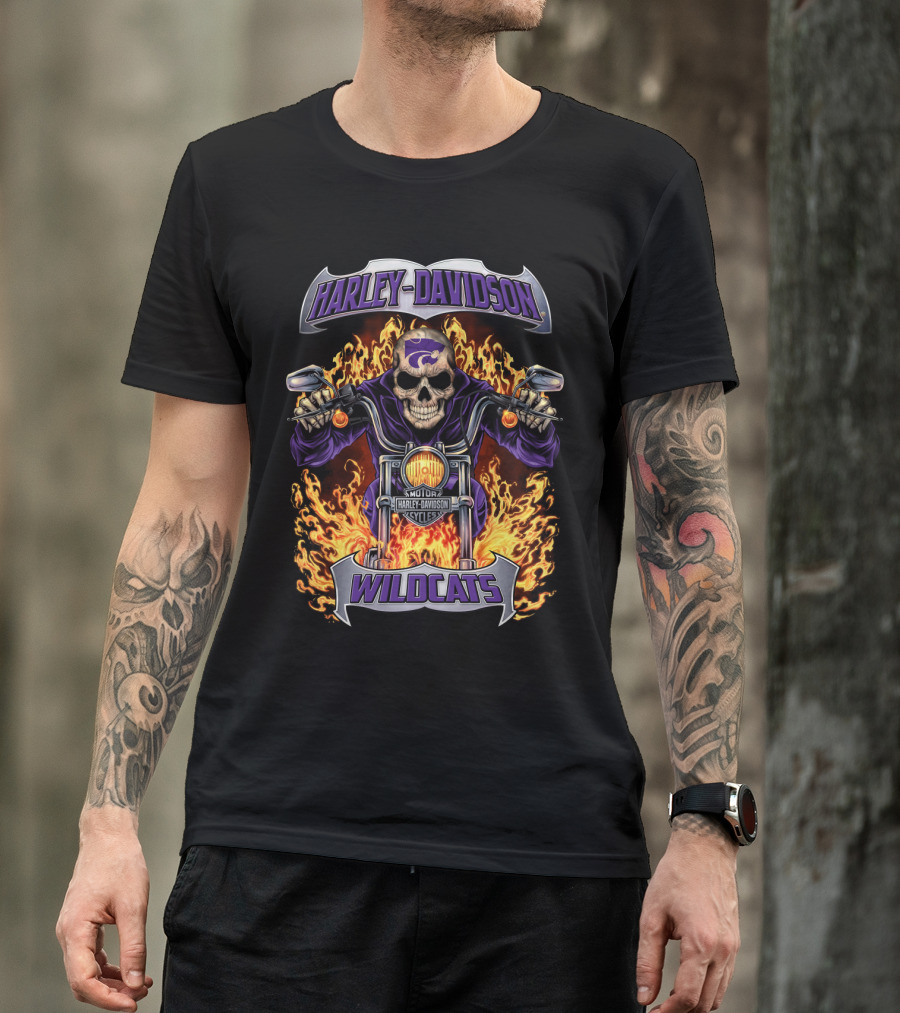 Harley Davidson Kansas State Wildcats Motorcycle Skull Flames T-Shirt