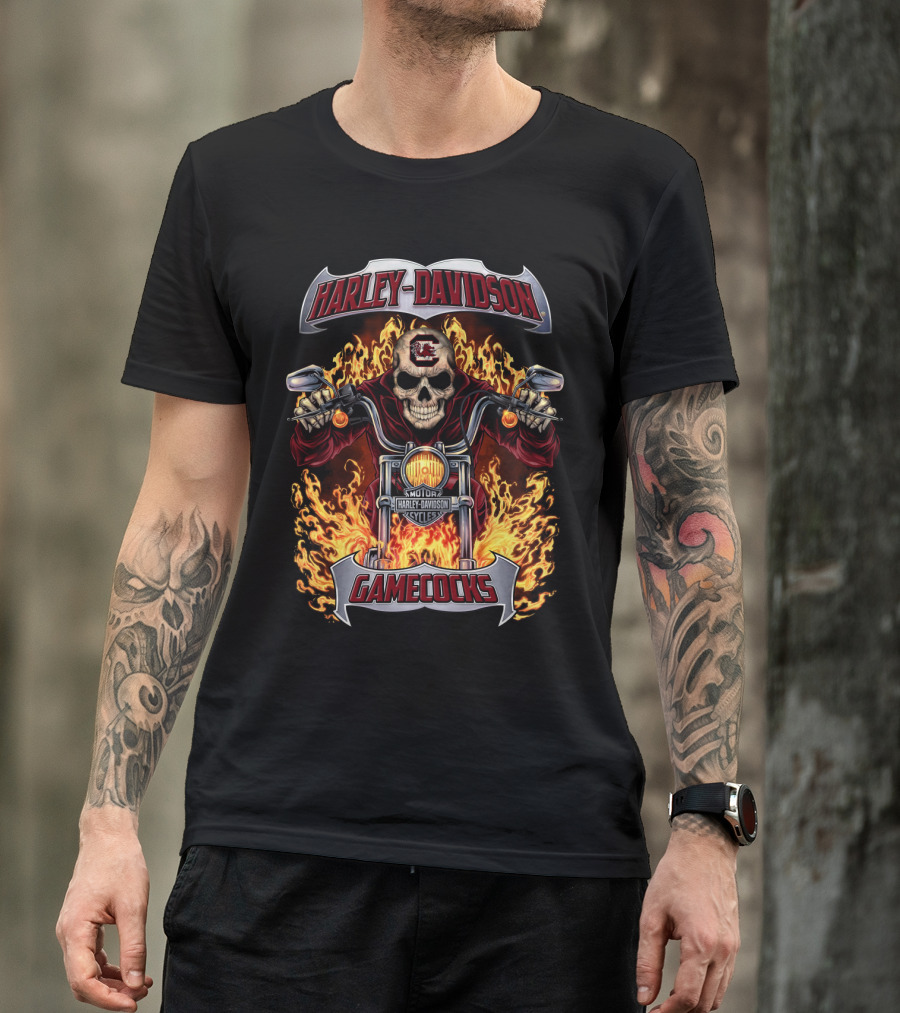 Harley Davidson South Carolina Gamecocks Flaming Skull Motorcycle T-Shirt