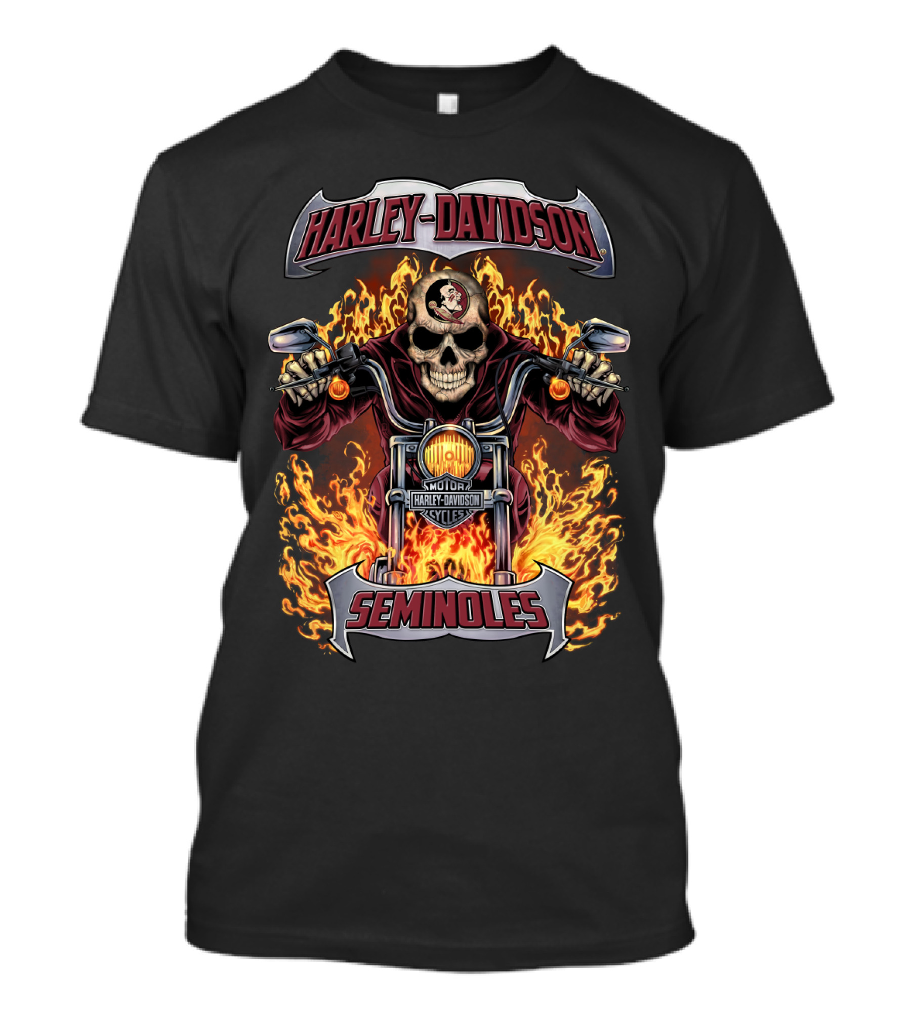 Harley Davidson Seminoles Skull Flames Motorcycle Theme T-Shirt
