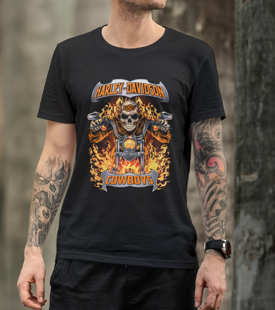 Harley Davidson Oklahoma State Cowboys Osu Skull Flames Motorcycle T-Shirt