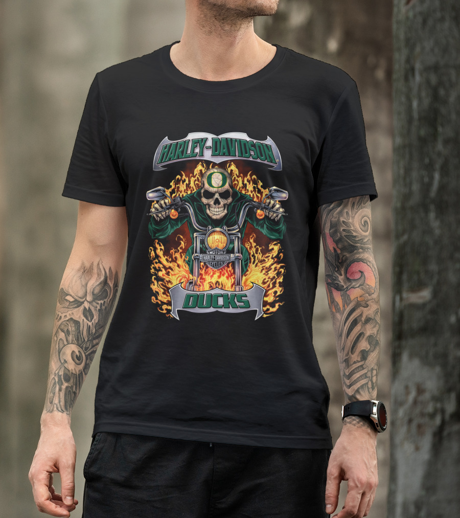 Harley Davidson Oregon Ducks Skeleton Motorcycle Fire T-Shirt