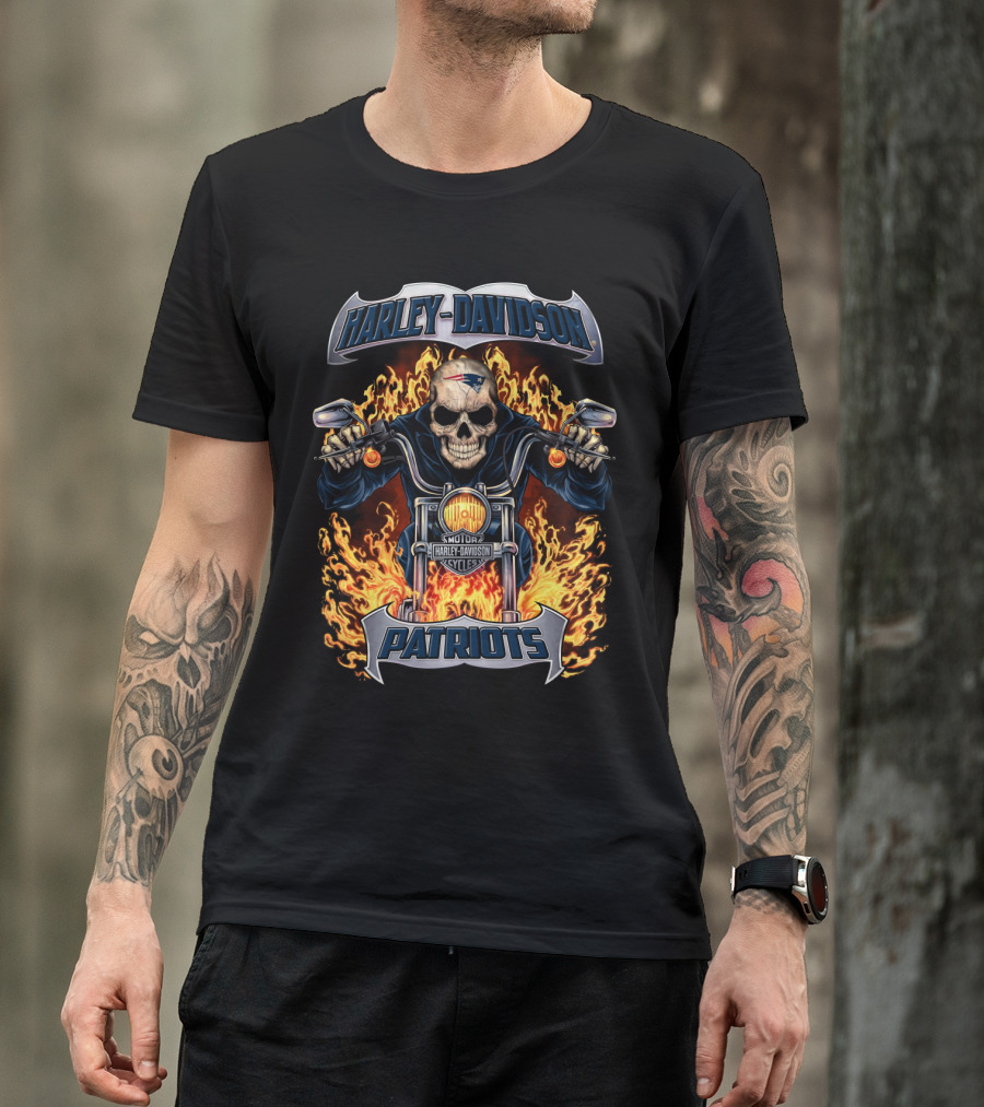 Harley Davidson New England Patriots Nfl Skull Flames Motorcycle T-Shirt