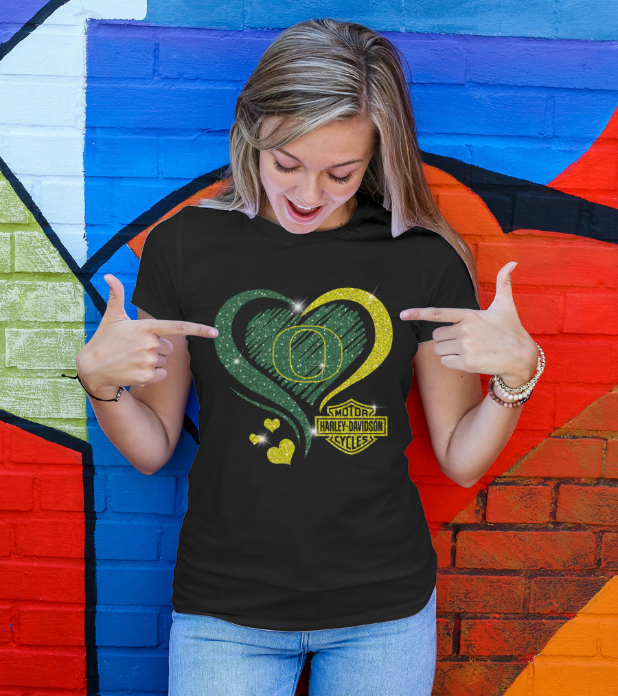 Oregon Ducks Heart Harley Davidson Motorcycles T-Shirt
