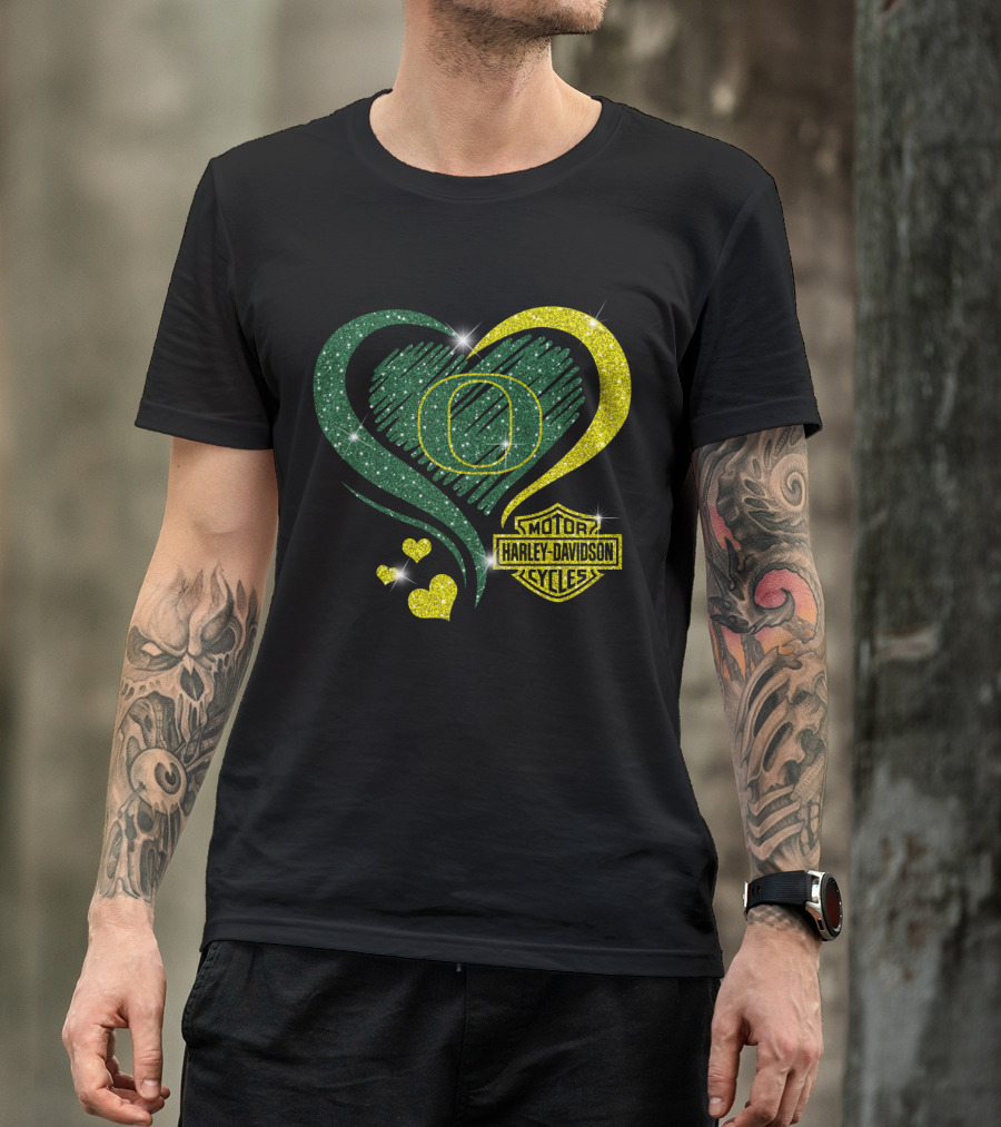 Oregon Ducks Heart Harley Davidson Motorcycles T-Shirt