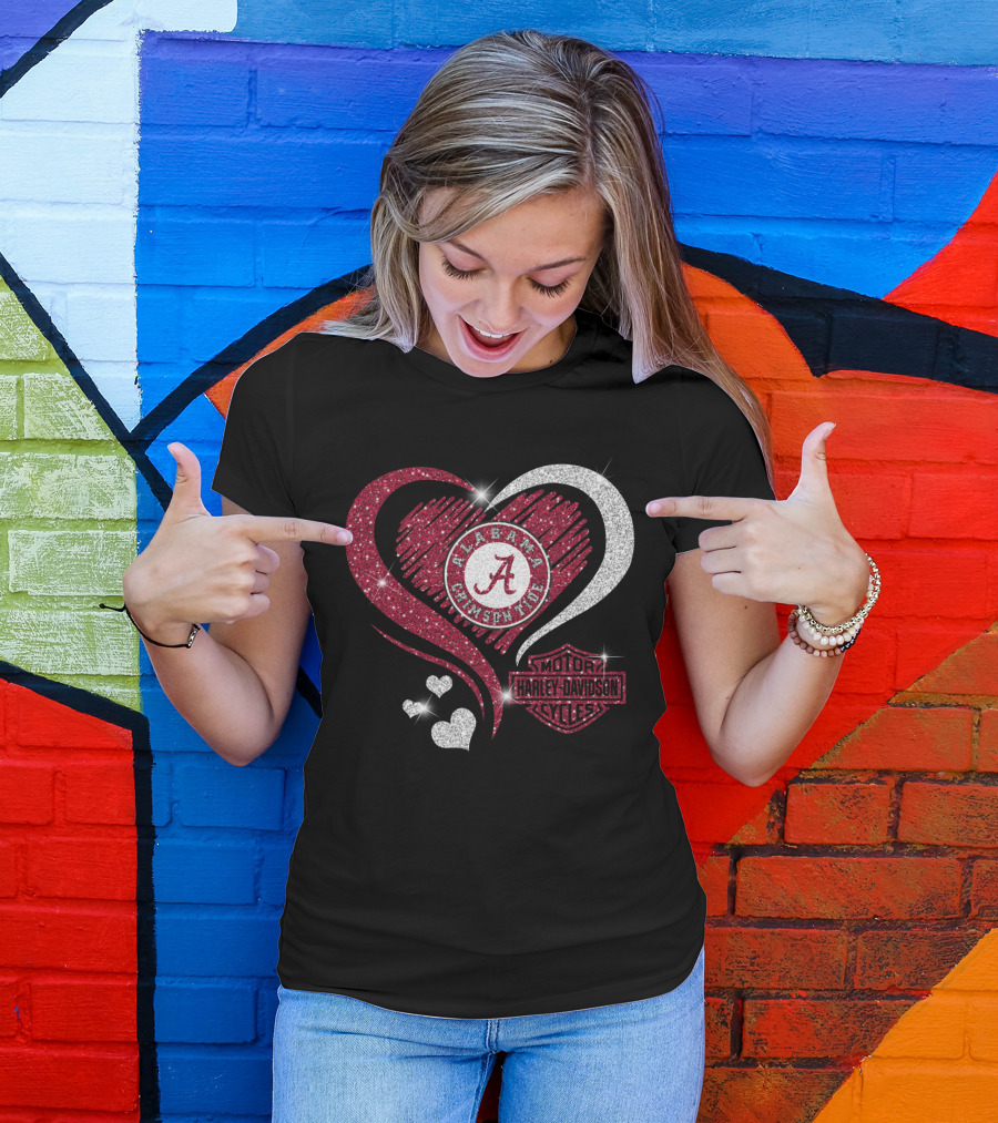 Alabama Crimson Tide Heart Sparkle Harley Davidson Motorcycles T-Shirt
