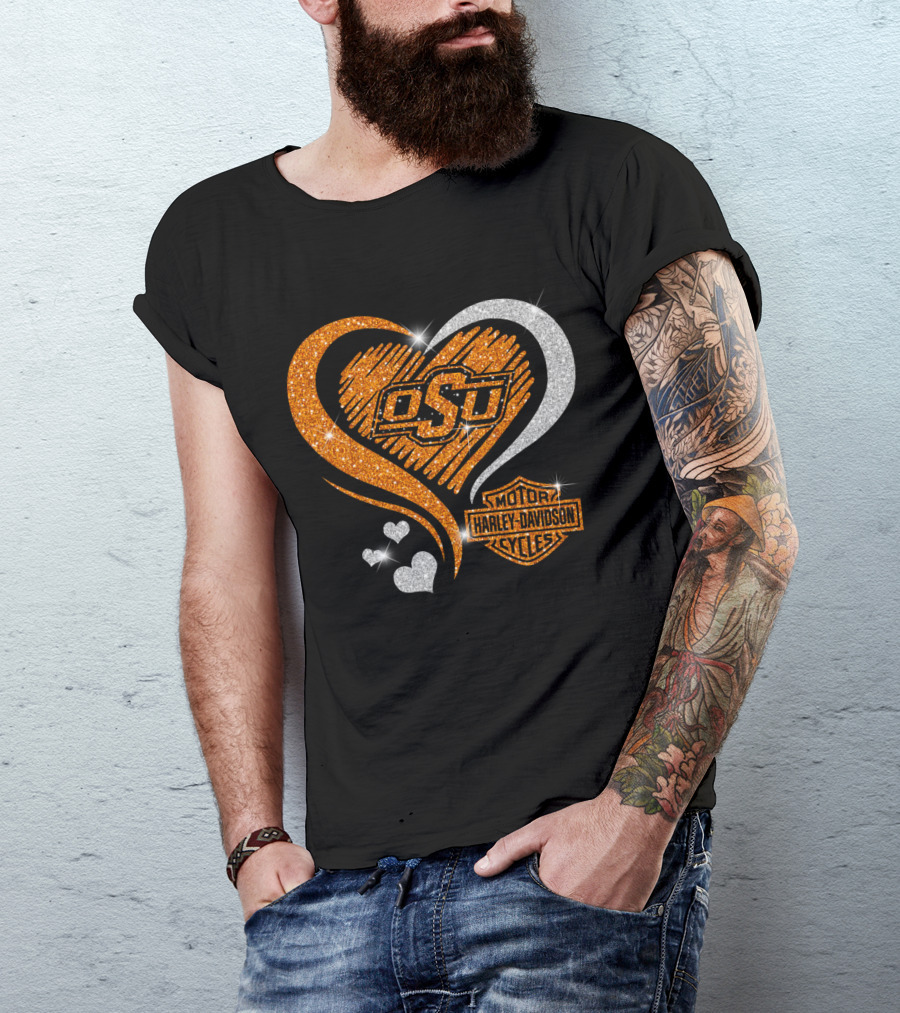 Osu Heart With Harley Davidson Logo And Oklahoma State Cowboys T-Shirt