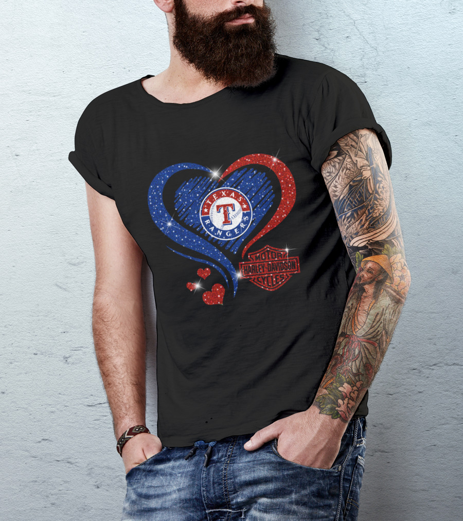 Texas Rangers Harley Davidson Heart Glitter T-Shirt