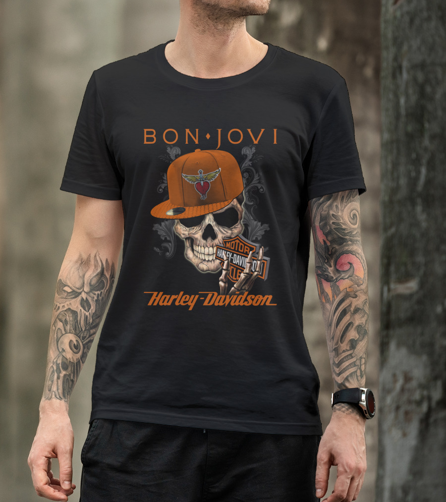 Bon Jovi Harley Davidson Skull With Wings Cap T-Shirt