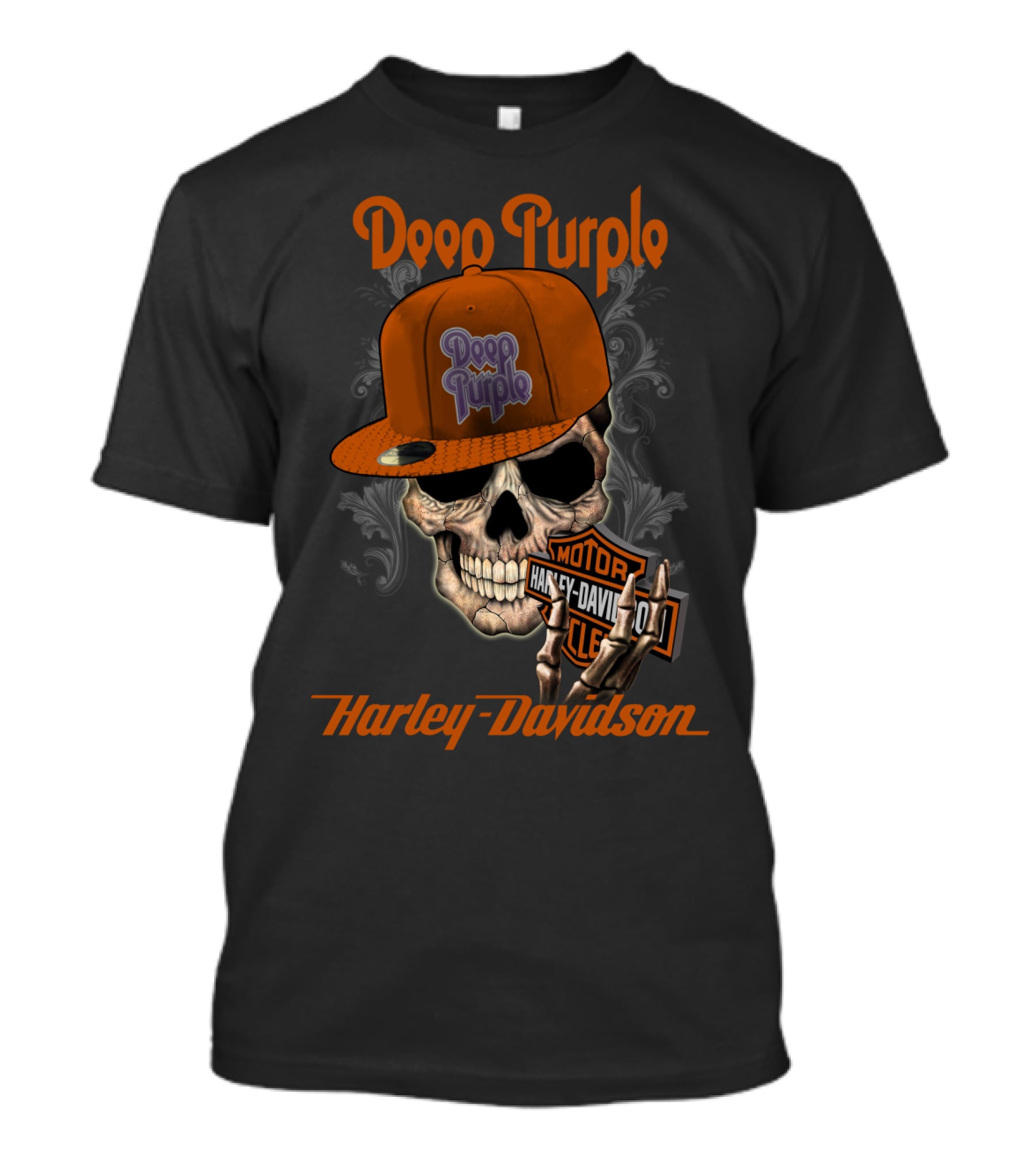 Deep Purple Harley Davidson Skull With Orange Hat T-Shirt