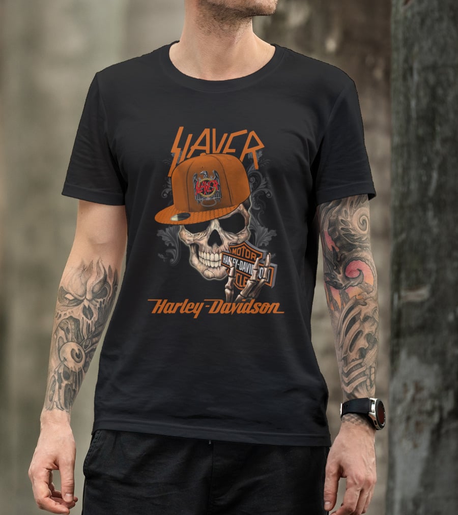 Slayer Harley Davidson Skull With Hat Moto Art T-Shirt