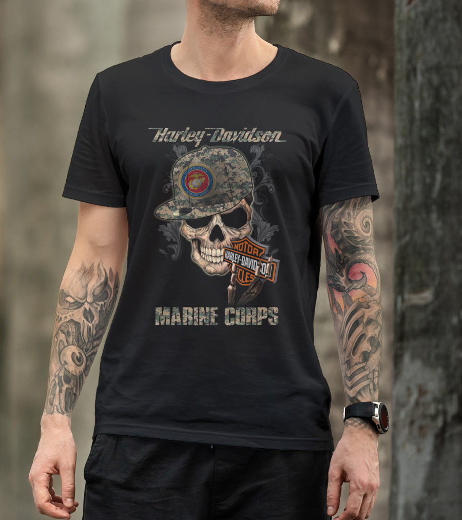 Harley Davidson Marine Corps Skull With Camo Cap T-Shirt